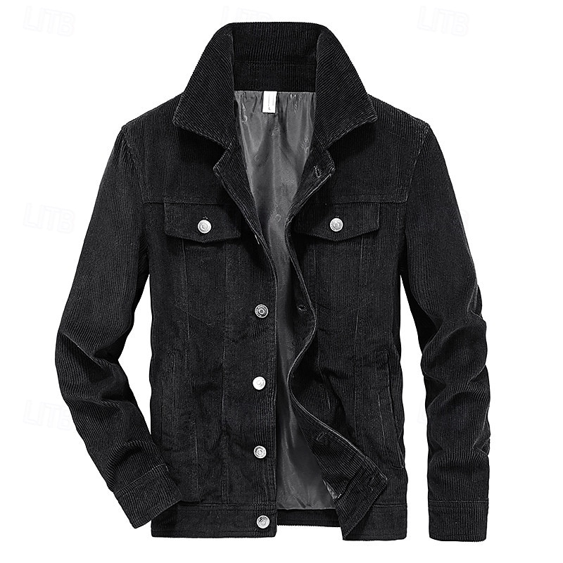 Men's Corduroy Jacket Cargo Jacket Casual Jacket Vacation Daily Pocket Fall Winter Plain Fashion Classic Lapel Regular Black Khaki Coffee Gray Jacket 2025 - $68.99 –P14