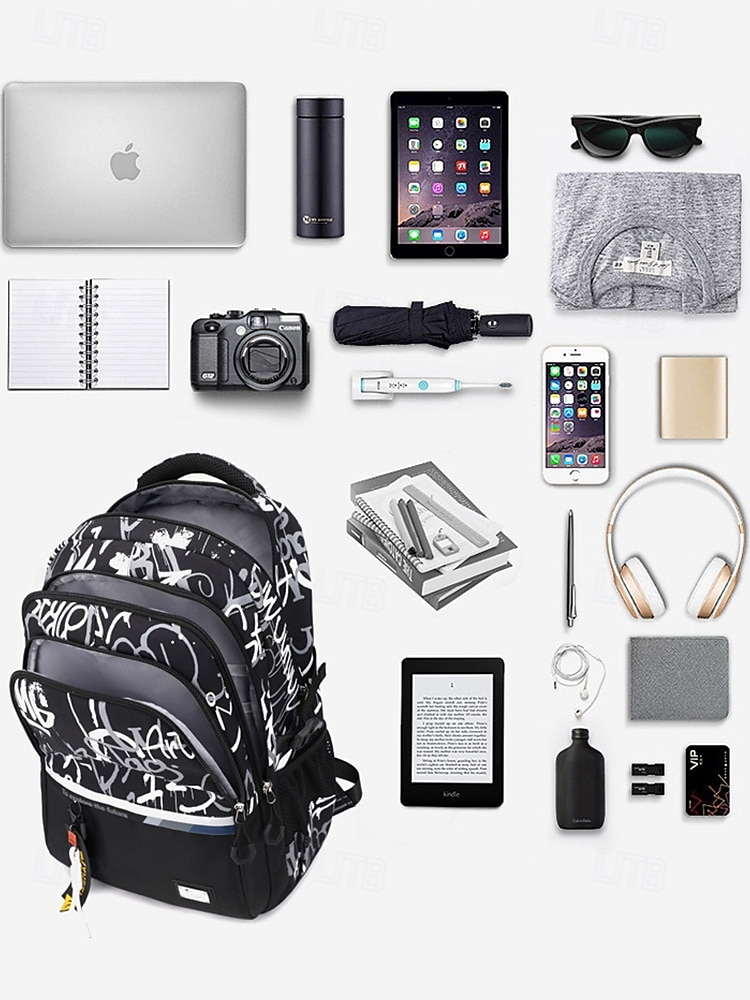 Sac à dos d'école imperméable à imprimé graffiti pour adolescents – sac à dos noir de grande capacité avec compartiment rembourré pour ordinateur portable, sac de voyage élégant pour garçons et filles de 2025 ? $29.99 –P7