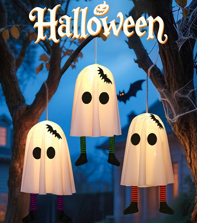 2025年 ハロウィンゴースト吊り下げゴースト屋内および屋外ポーチツリー中庭ガーデンテラス装飾ライト3照明モード風景ライト1個  コレクション – $7.99 –P3