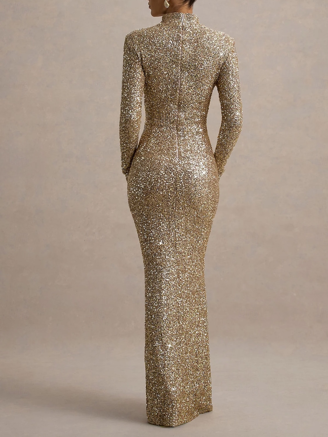 Abito da sera elegante in velluto dorato con paillettes a sirena  tromba lungo maniche lunghe collo a finto collo con glitter del 2025 a $159.99 –P3