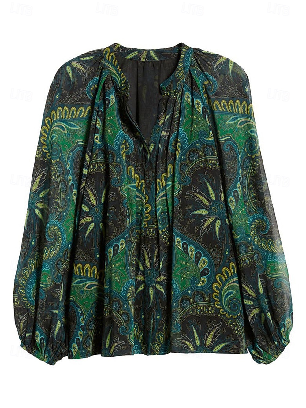 Women's Paisley Print Chiffon Peasant Top Lantern Sleeve Casual Long Sleeve V Neck Shirt Blouse for Spring 2025 - $59.99 –P4
