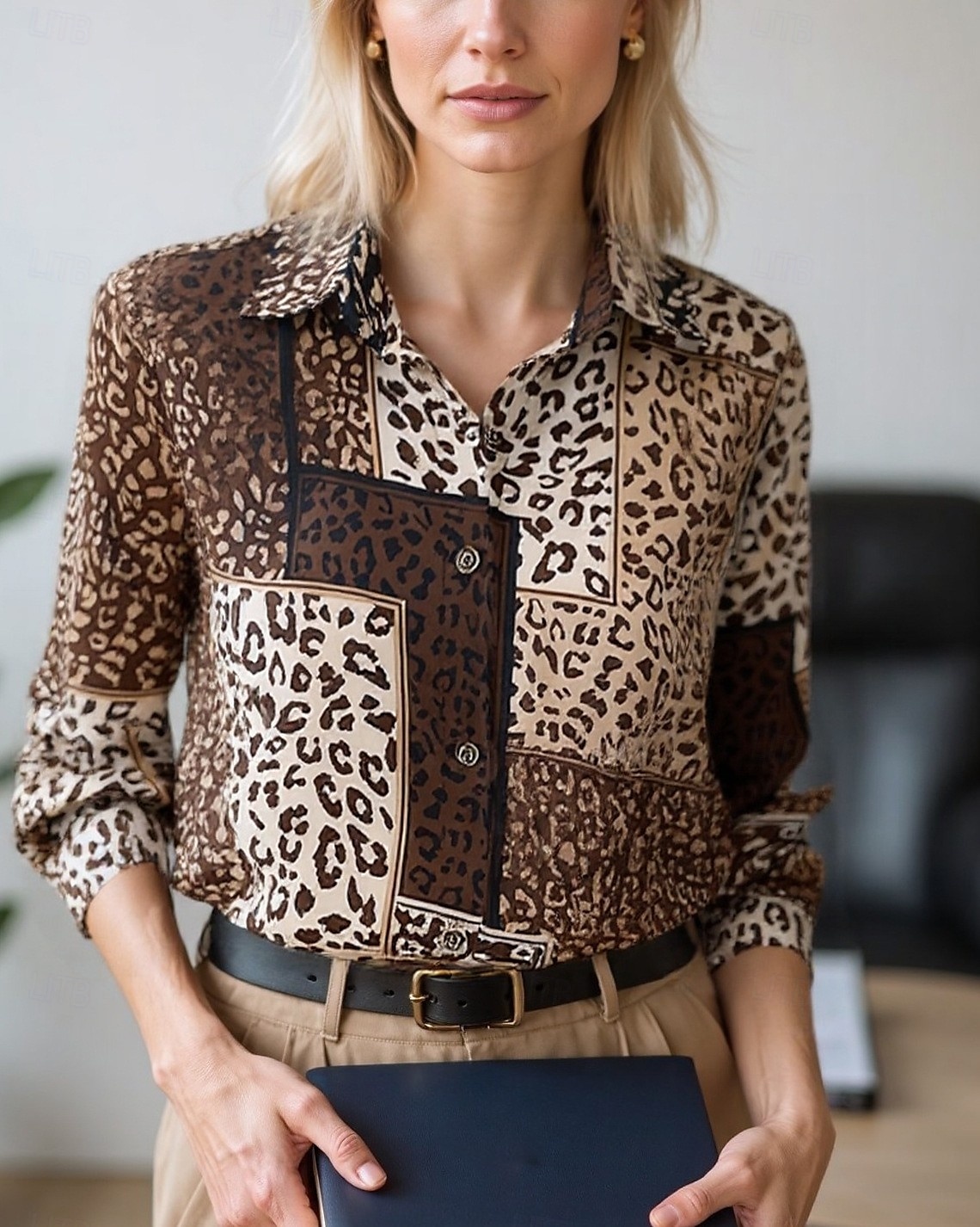 Dames Blouse Geklede topjes Chiffon-topjes Grafisch Kleurenblok Elegant Dagelijks Stijlvol Lange mouw Overhemdkraag Normale tops Werk Dagelijks Knop Afdrukken blauw Olijf Smaragdgroen Bruin Regenboog 2025 - $24.99 –P3