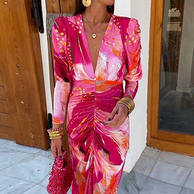 Damen Midikleid Shiftkleid A Linie Kleid Urlaub Lässig Boho Outdoor Ausgehen Strand Normale Passform Ombre Grafik Langarm V Ausschnitt Rote Sommer Frühling Herbst 2025 - $31.99 –P3