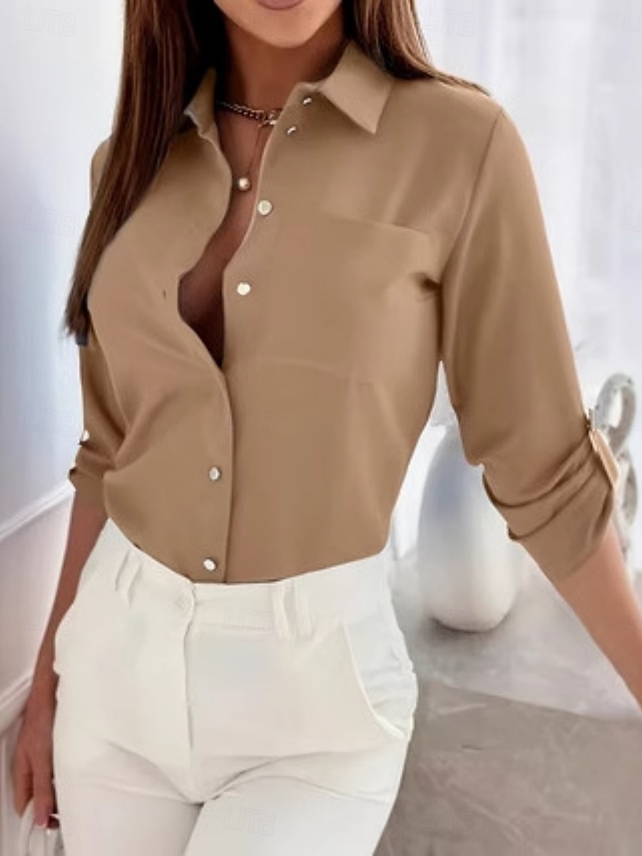 Damen Hemd Einfarbig Stilvoll Lässig Langarm Hemdkragen Normale Oberteile Täglich Knöpfe Schwarz Himmelblau Fuchsie Braun Khaki Sommer Frühling Herbst 2025 - $19.99 –P4