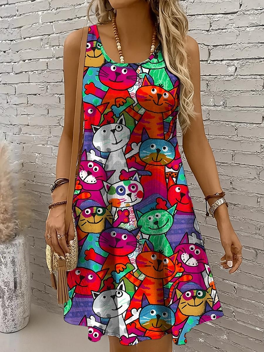 Mujer Mini vestido Vestido de verano Vestido de una línea Vestido con hombros descubiertos Vacaciones Casual Festivos Playa Ajuste regular Graphic Gato Sin Mangas Cuello Barco Amarillo Rojo Azul 2025 - $21.99 –P7