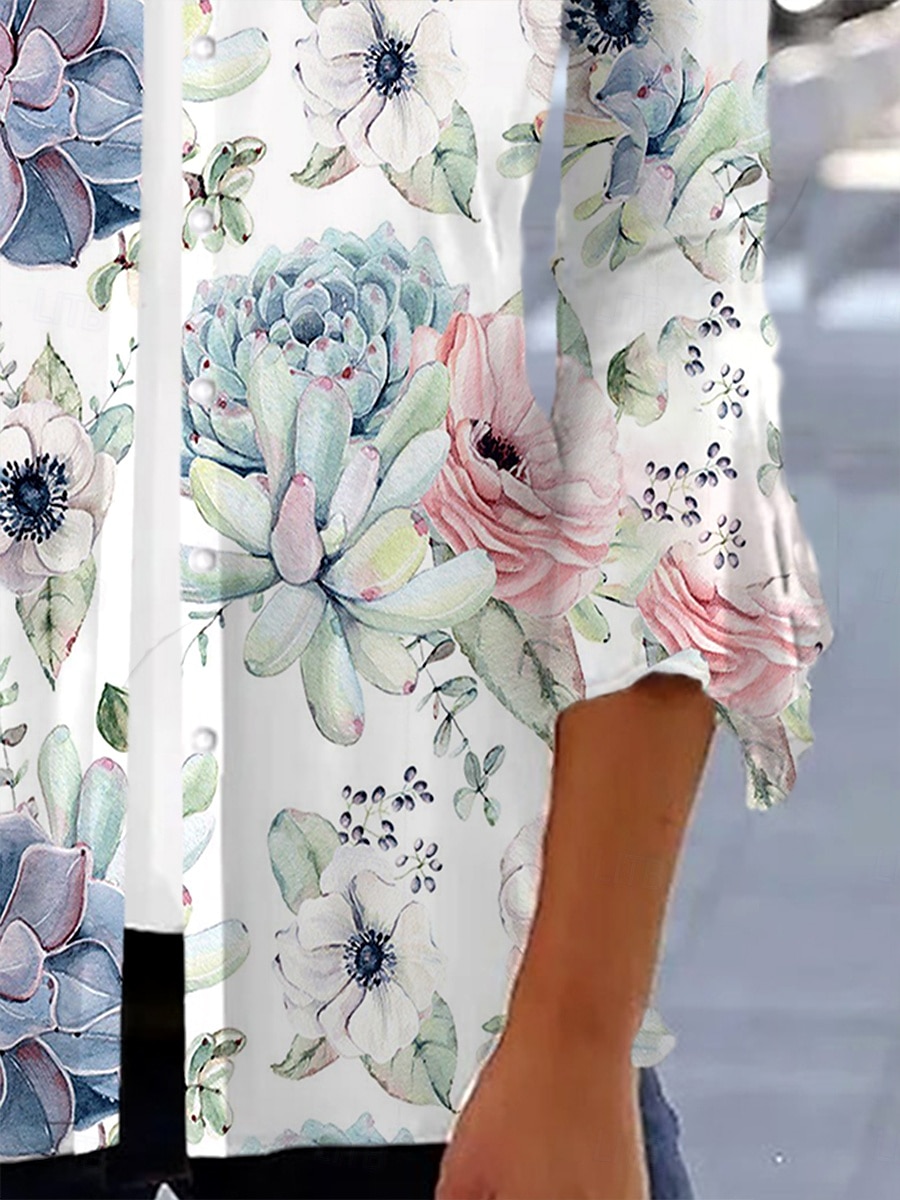 Dame Skjorte Blomstret Grafisk Elegant Årgang Daglig 3/4 ermer V-hals Vanlige topper Daglig Ut på byen Drapering Knapper Hvit Rosa Blå Sommer Vår Høst 2025 - $29.99 –P3