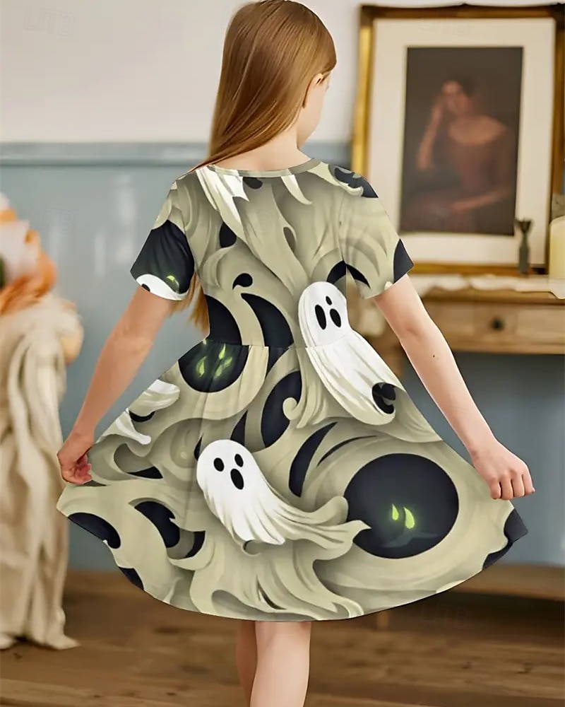 Halloween Girls' 3D Ghost Dress Short Sleeve Summer Spring Vacation Daily Holiday Princess Beautiful Sweet Kids 4-12 Years Casual Dress A Line Dress Knee-length Regular Fit 2025 - $15.99 –P4