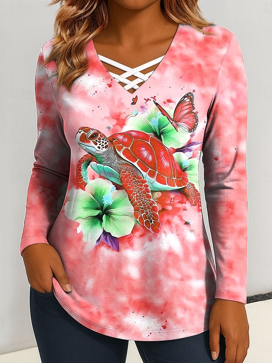 Per donna Maglietta Taglio Stampato Grafico Animale Tartaruga di mare Vintage Elegante Classico Manica Lunga Scollo a V Top Regolari Quotidiano Blu Rosso Fucsia Verde Primavera Autunno del 2026 a $24.99 –P3