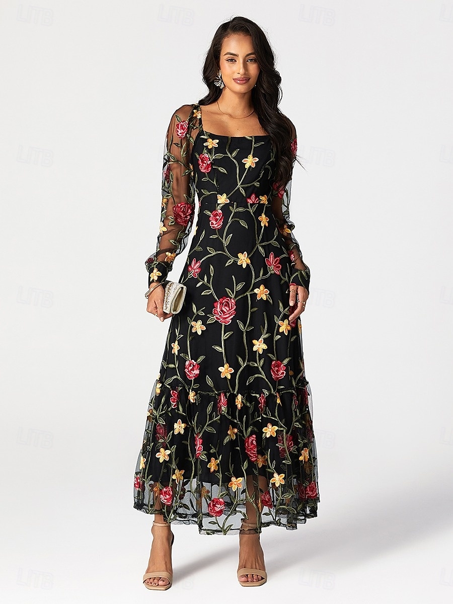 A-Linie Brautmutterkleid Elegant Schwarzes Kleid Durchsichtig Quadrathals Knöchellänge Tüll Langarm mit Rüschen Stickerei 2025 2025 - $119.99 –P11