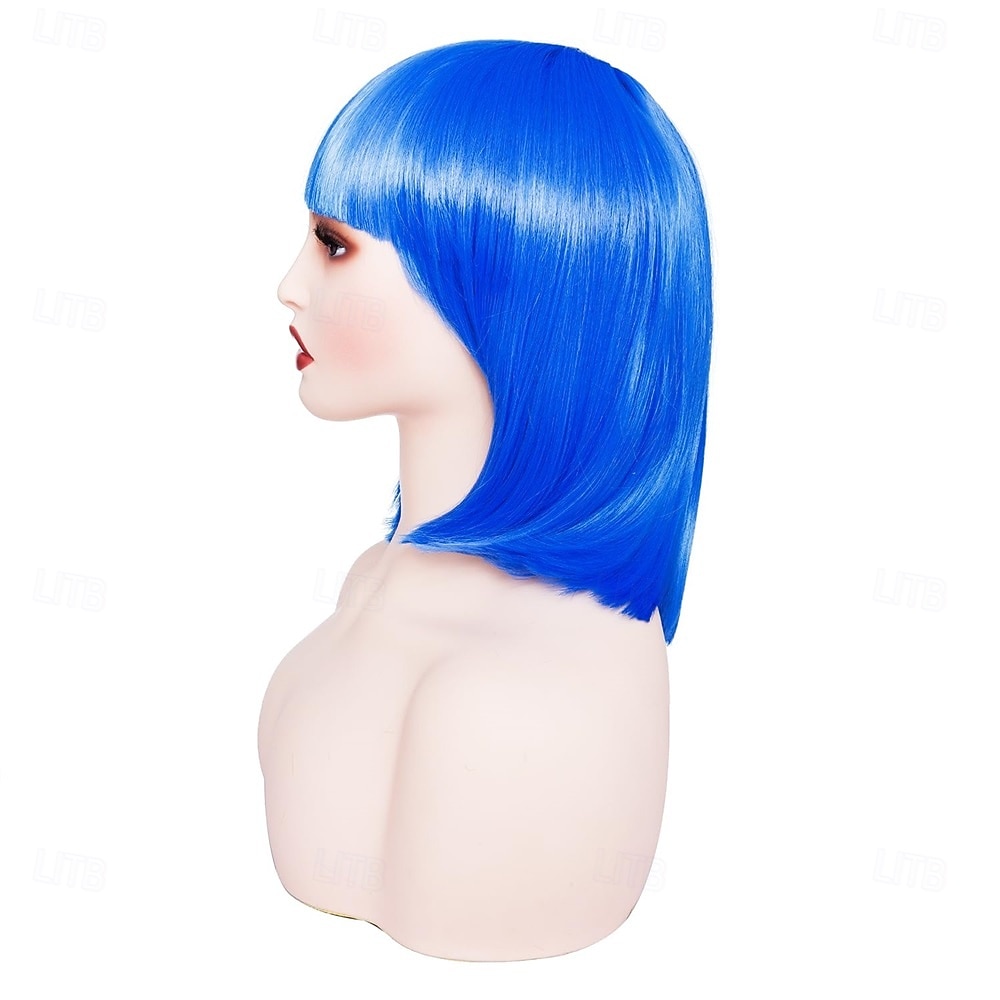Peruca bob azul com franja curta de 12 polegadas, peruca reta para cosplay feminina, festa de halloween de 2026 por MXN $425.36 –P2