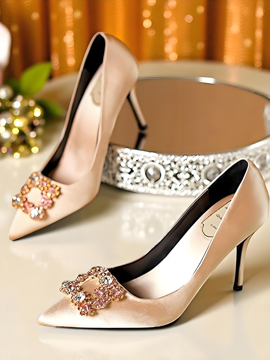Tocuri înalte cu vârful ascuțit din satin auriu pentru femei - pantofi eleganți cu cataramă cu strasuri pentru cocktailuri și evenimente de seară 2026 - $69.99 –P6