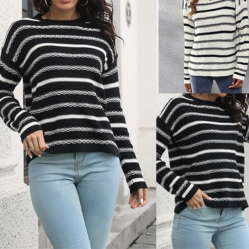 Női Pulóver Alkalmi Csíkos Vaskos Terített nyak Kötött Hosszú ujj Normál felsők Kötött Napi Szabadság Alkalmi Fekete Sárgabarack Ősz Tél 2025 - $25.99 –P1