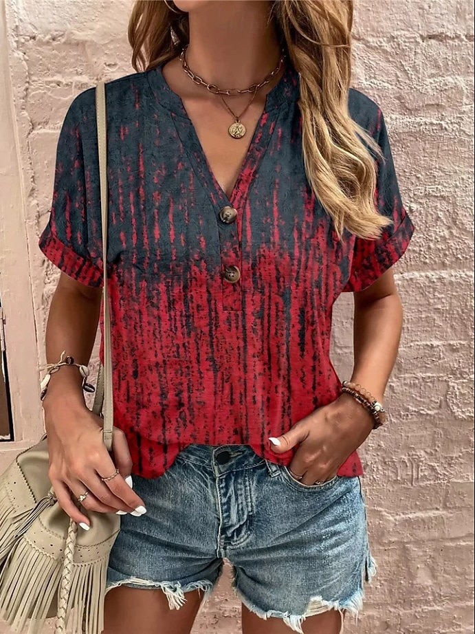Femmes T-shirt A Ombre Fleuri Graphique ancien Élégant Classique Manche Courte Col en V Encolure en V Hauts Réguliers Quotidien Week-end Imprimé Blanc et gris Rouge Bleu Orange Blanc Ecru Ét de 2025 ? $24.99 –P1