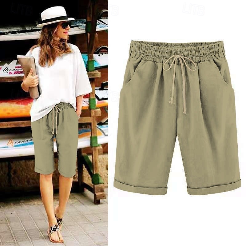 loungeshorts för kvinnor i ren färg elastisk midja med dragsko enkel avslappnad komfort hem daglig semester ventilerande ficka fempunktsbyxor 2025 - $17.99 –P8