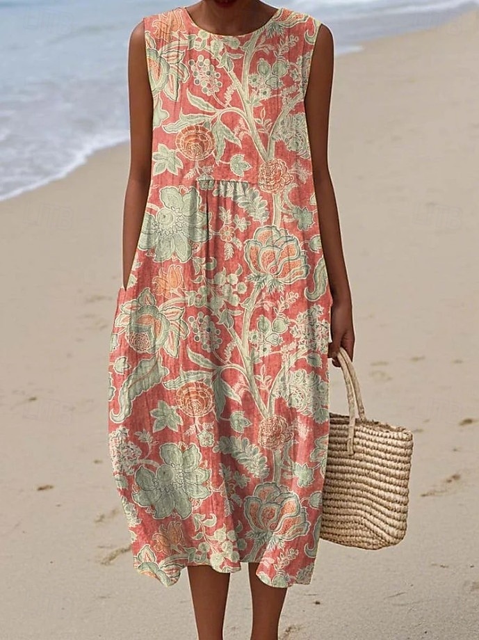 Women's Midi Dress Linen Like Sundress Shift Dress Vacation Casual Boho Party Beach Floral Graphic Sleeveless Crewneck Black Green Blue White Pink Red Summer Spring 2026 - $16.49 –P1