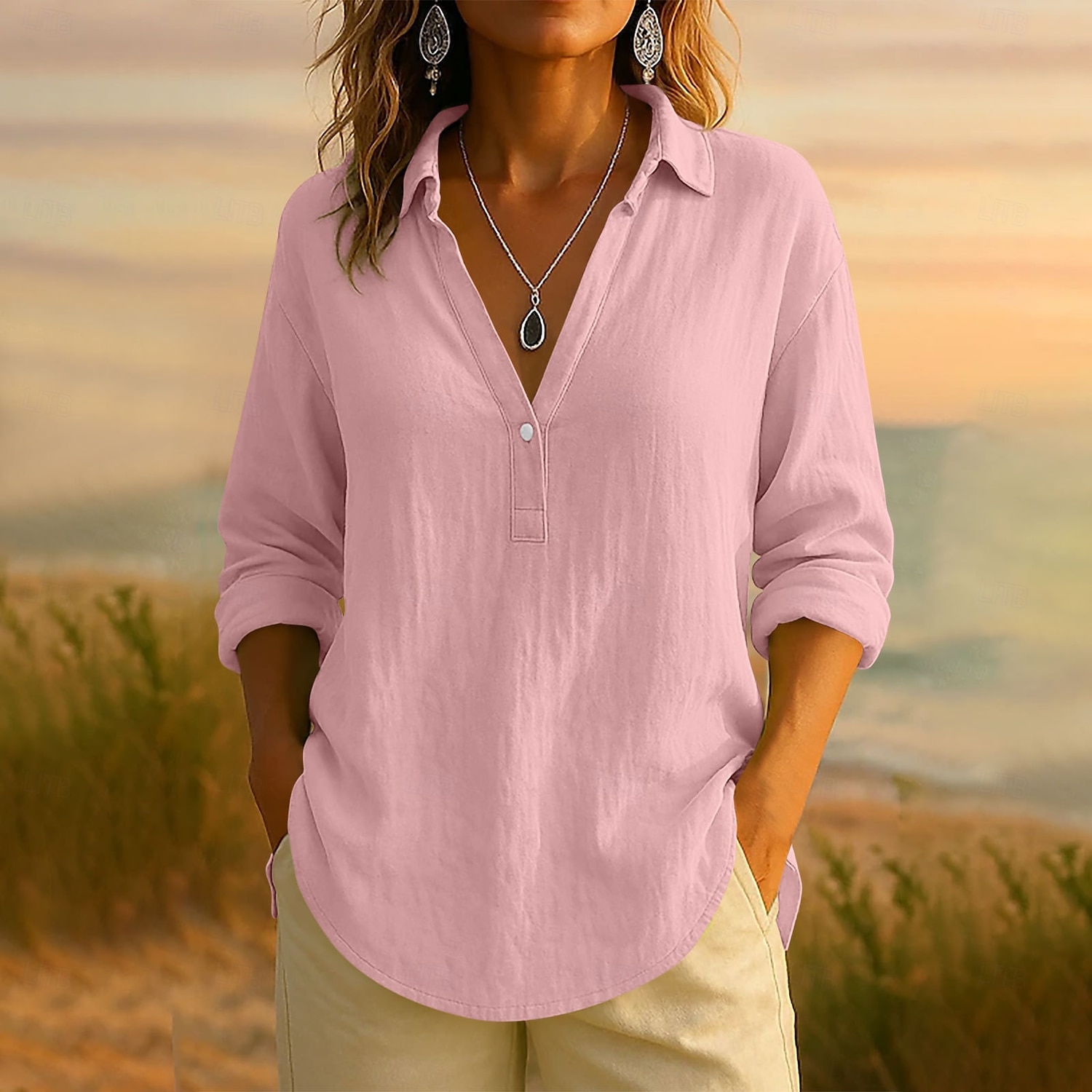 Damen Bluse Einfarbig Elegant Lässig Langarm V Ausschnitt Normale Oberteile Täglich Ferien Knöpfe Schwarz Rosa Blau Purpur Grün Sommer Frühling Herbst 2025 - $25.99 –P1