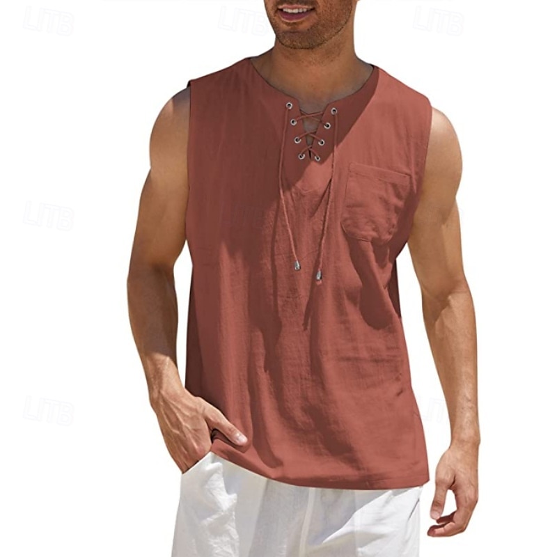Per uomo Camicia Camicia di lino Camicia popover Camicia Estiva Abbigliamento da spiaggia Maglietta senza maniche Tinta unica Vacanza Streetwear Nero Bianco Blu marino Azzurro cielo Senza Maniche del 2025 a $19.99 –P8