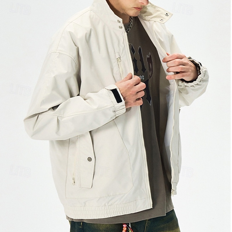 Men's Lightweight Jacket Cargo Jacket Casual Jacket Vacation Daily Windproof Windbreaker Pocket Fall Winter Plain Fashion Classic Stand Collar Regular Black White Purple Green Jacket 2025 - $51.99 –P7