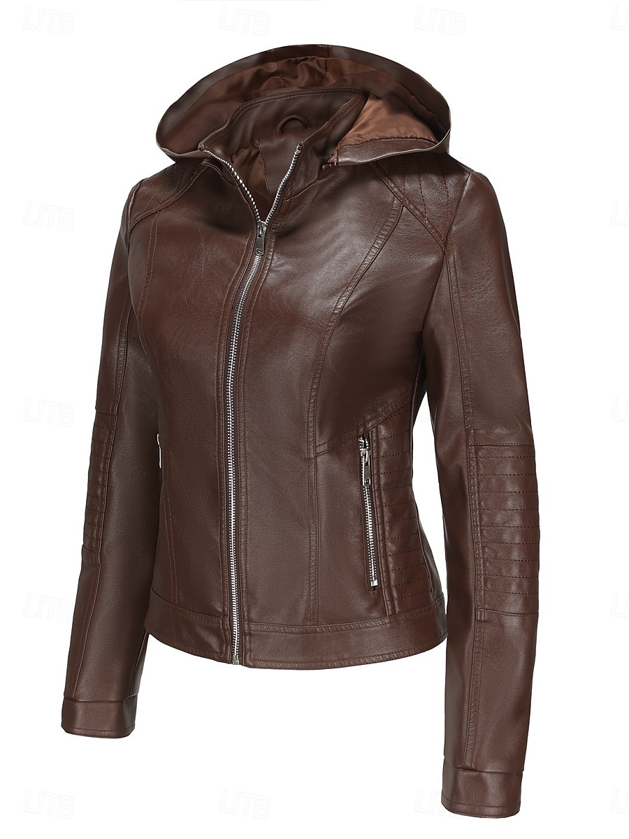 Femmes Veste en Similicuir Veste Décontractée Confortable Respirant Fermeture éclair Avec Poches Occasionnel Uni Vacances Rue Occasionnel Tenue quotidienne Fermeture éclair Court À capuche Coupe de 2025 ? $47.99 –P9