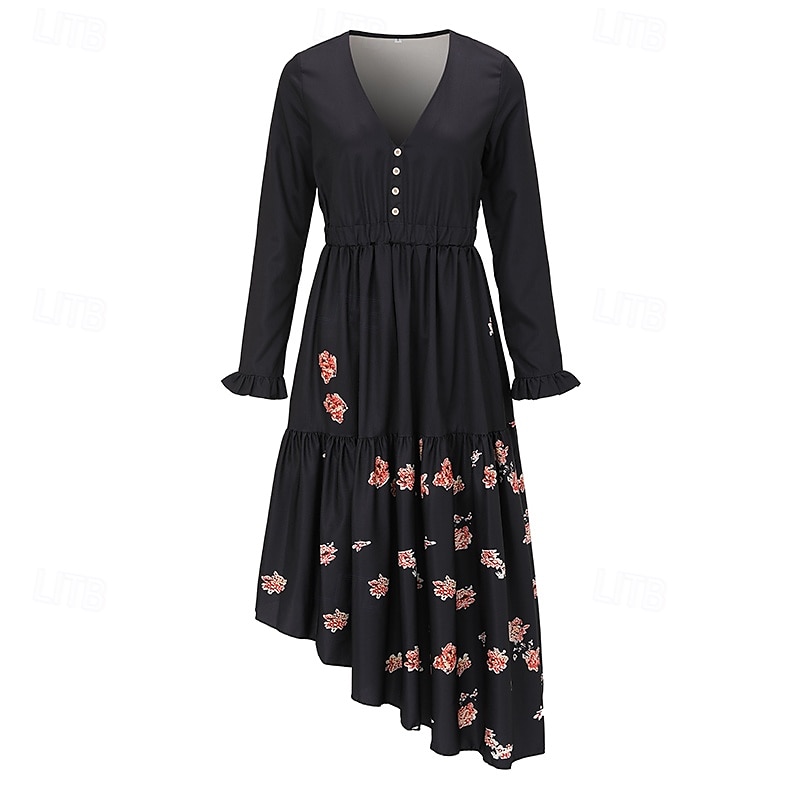 Damen Midikleid Boho-Kleid Druckkleid Westernkleid Mode Outdoor Urlaub Wochenende Normale Passform Einfach Langarm V Ausschnitt Schwarz Sommer 2025 - $29.99 –P4