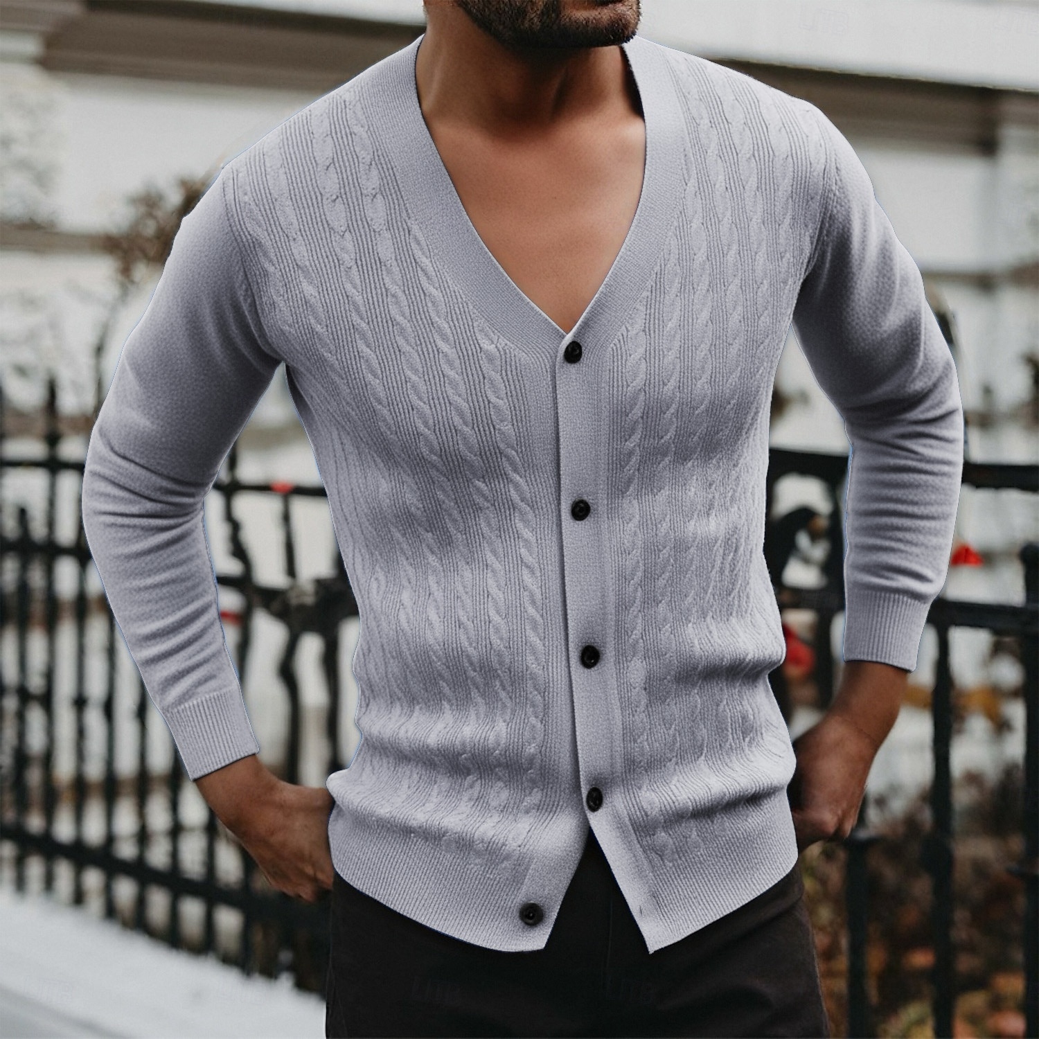 Herren Strickjacke Kurzer Cardigan-Pullover Verkürzter Pullover Gerippt Zopfmuster Stricken Abgeschnitten Gestrickt Basic Einfarbig V Ausschnitt Alltagskleidung Familientreffen Bekleidung Herbst 2025 - $23.99 –P4