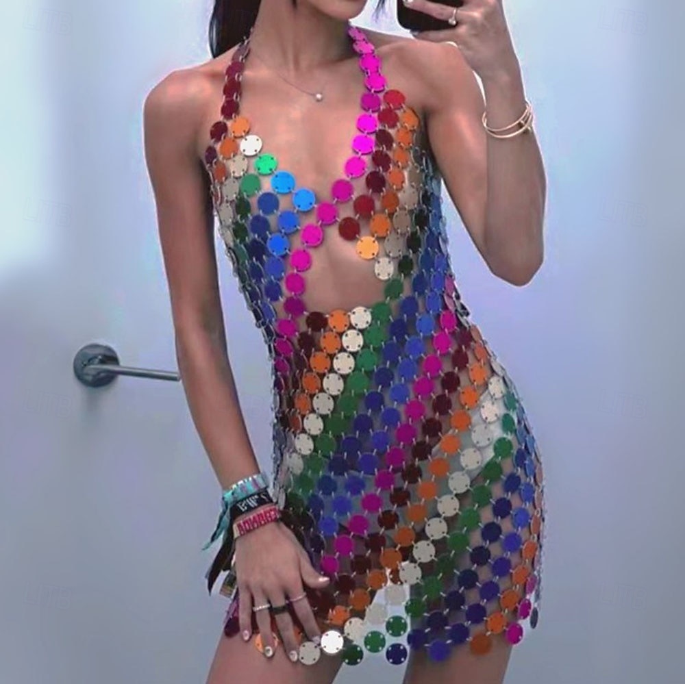 Mini robe - Robe licou à paillettes et disque circulaire pour chanteuse, danseuse, tenue de scène, fête, carnaval de 2025 ? $155.99 –P1