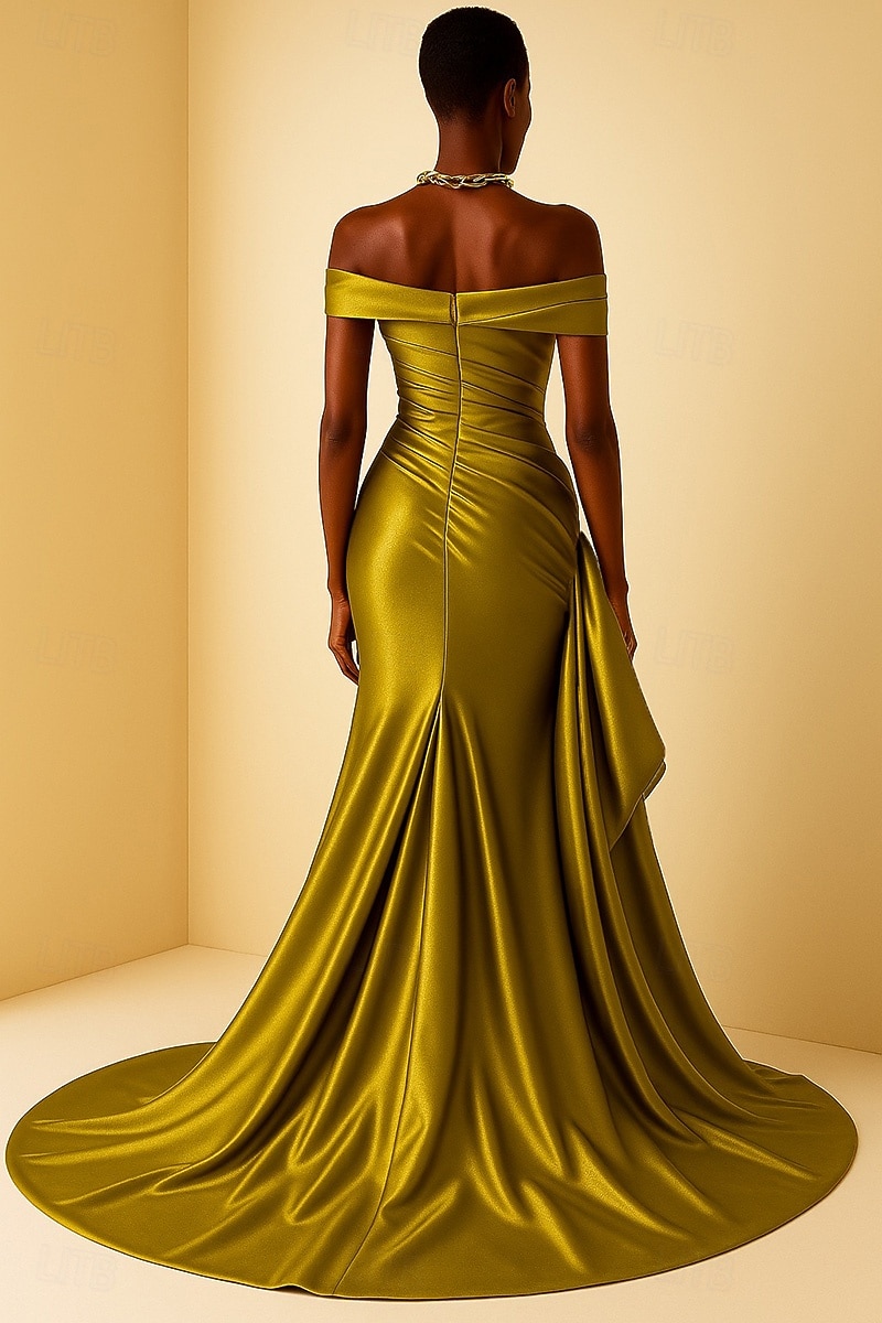 Hohe Mode Abendkleid Schwarz-Tie Meerjungfrau  Trompeten Abendkleid Elegantes Kleid Formelle Hochzeit Gericht Zug Ärmellos Off-Shoulder Satin mit Falten Raffung 2025 - $159.99 –P3