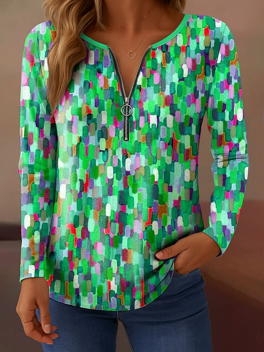 Femmes T-shirt A Ombre Graphique Abstrait Élégant ancien Classique manche longue Col en V Hauts Réguliers Quotidien Week-end Fermeture éclair Imprimé Rose Claire Bleu Orange Vert Printemps Automne de 2025 ? $23.99 –P4
