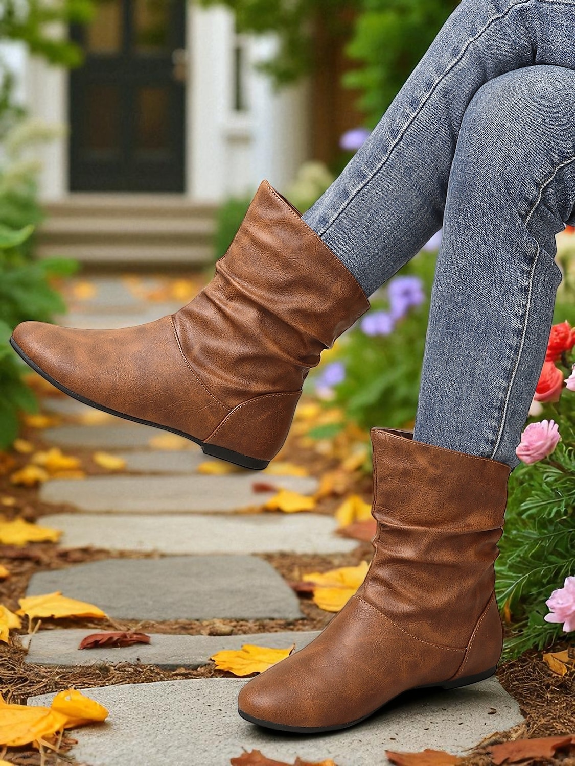 Botas largas femininas de couro sintético marrom – sapatos retrô de salto baixo e cano médio para o outono, caminhadas diárias e passeios casuais de 2025 por $34.99 –P5