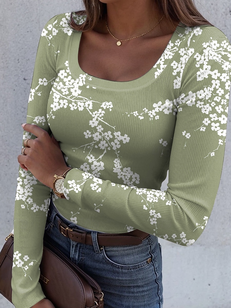 Dame T-skjorte Langermet Ribbemønster Grafisk Firkantet Utringning Langermet Casual Blomster Klassisk Vanlige Topper Daglig Print Lys Grønn Rosa Rød Blå Støvete Blå Vår Høst Forhøst 2026 - $26.99 –P3