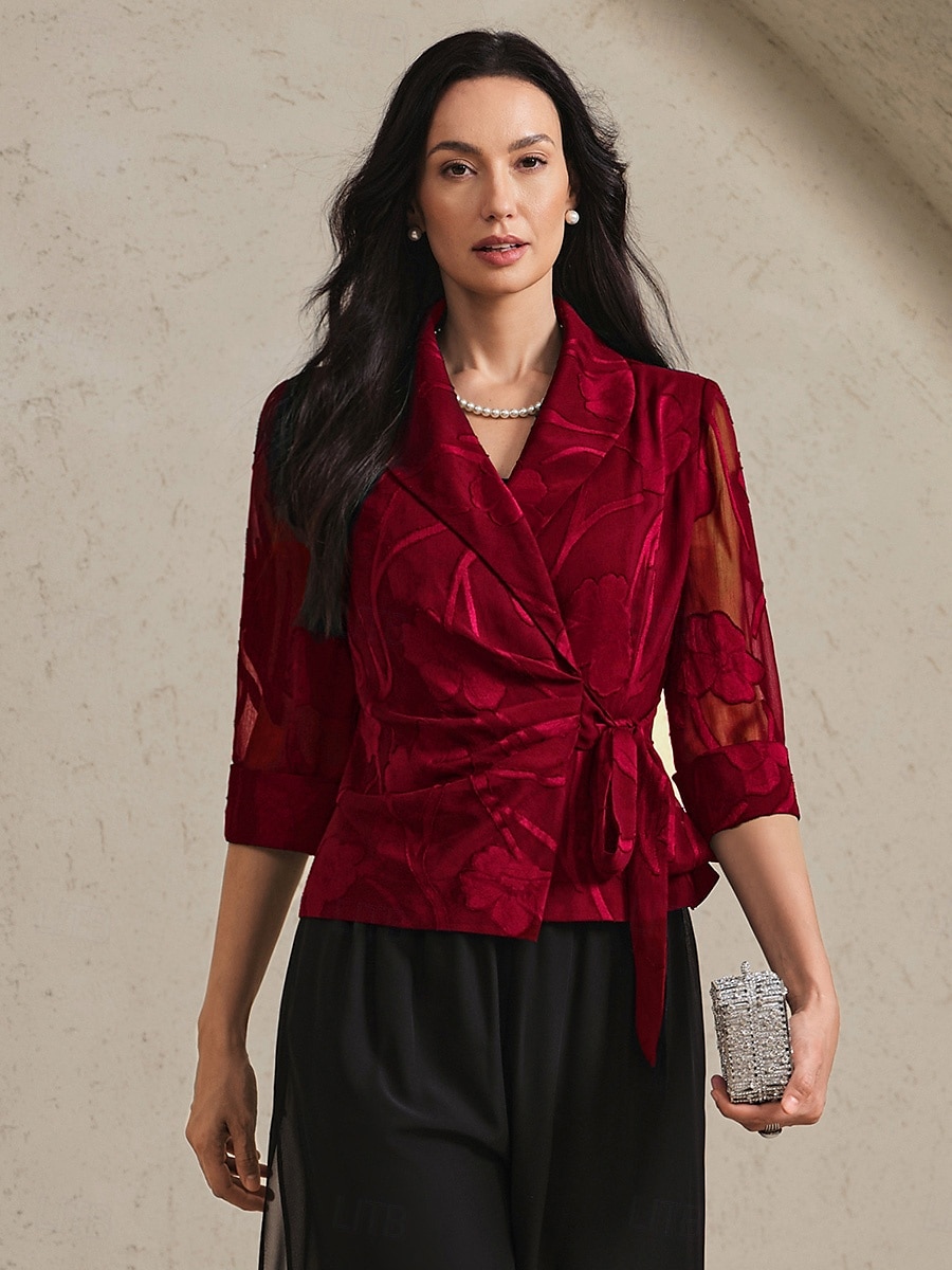 Dames Overhemd Blouse Bloemig Elegant Stijlvol 3/4 mouw V-hals Normale tops Werk Dagelijks strik voorkant Geklede tuniek Asymmetrisch Wijn Zomer Lente Herfst 2025 - $59.99 –P1