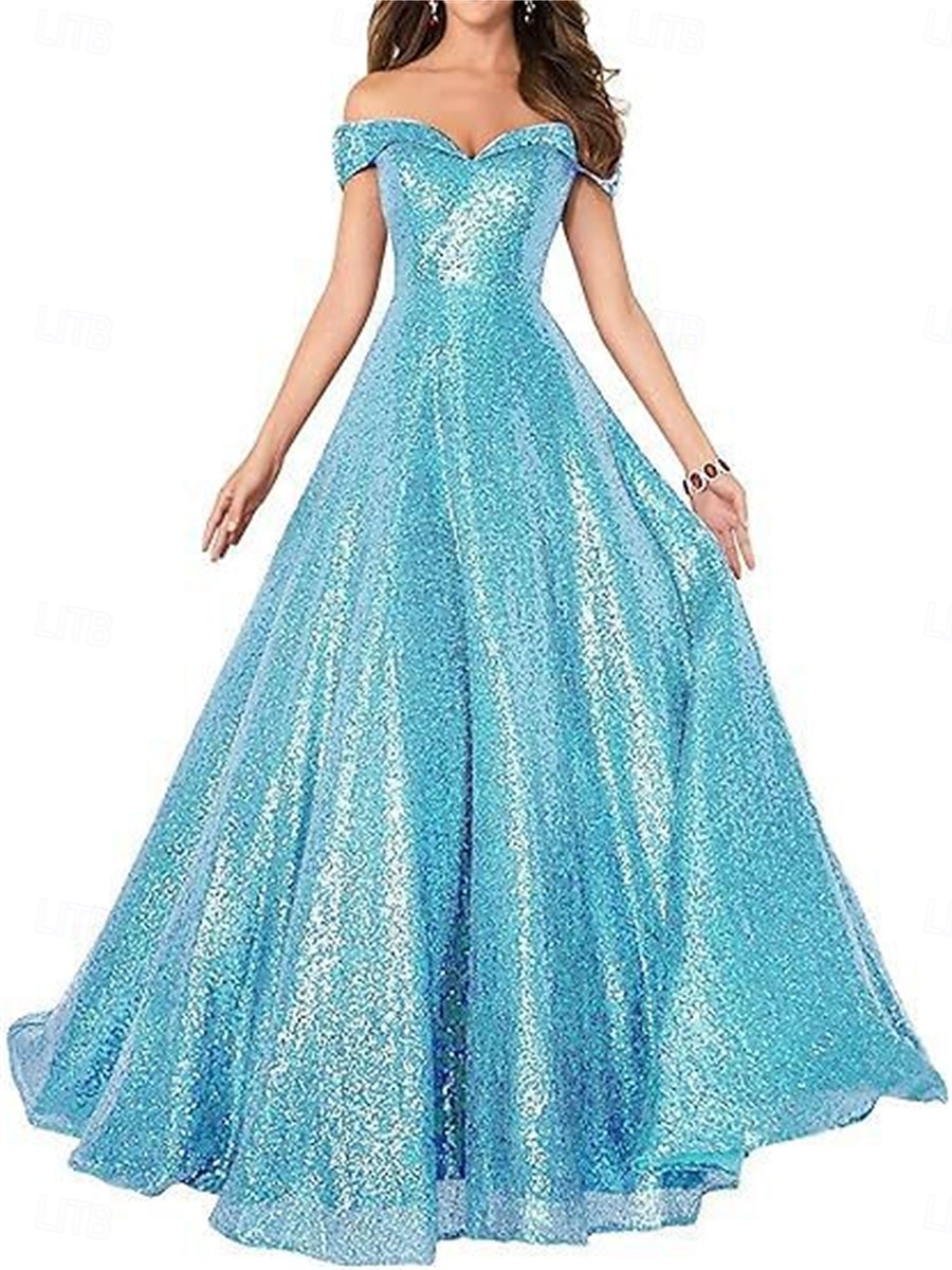 A-Line Evening Gown Elegant Dress Formal Performance Floor Length Short Sleeve Off Shoulder Sequined Backless with Pleats 2025 - $129.99 –P9