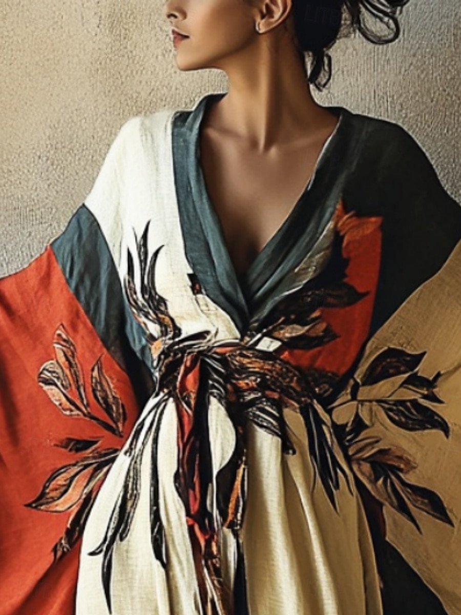 robe longue femme robe maxi robe bohème robe décontractée robe trapèze robe d'été vintage vacances quotidien plage coupe classique floral manches longues col en V abricot été printemps automne de 2025 ? $25.99 –P1
