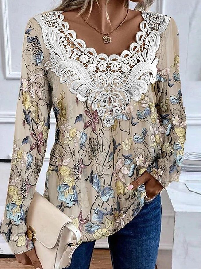 Femmes Chemisier Fleuri Graphique Plantes Élégant ancien Mode manche longue Col ras du cou Col en V Hauts Réguliers Quotidien Sortir Week-end Dentelle Patchwork Imprimé Rose poussiéreuse Violet Kaki de 2025 ? $23.99 –P3