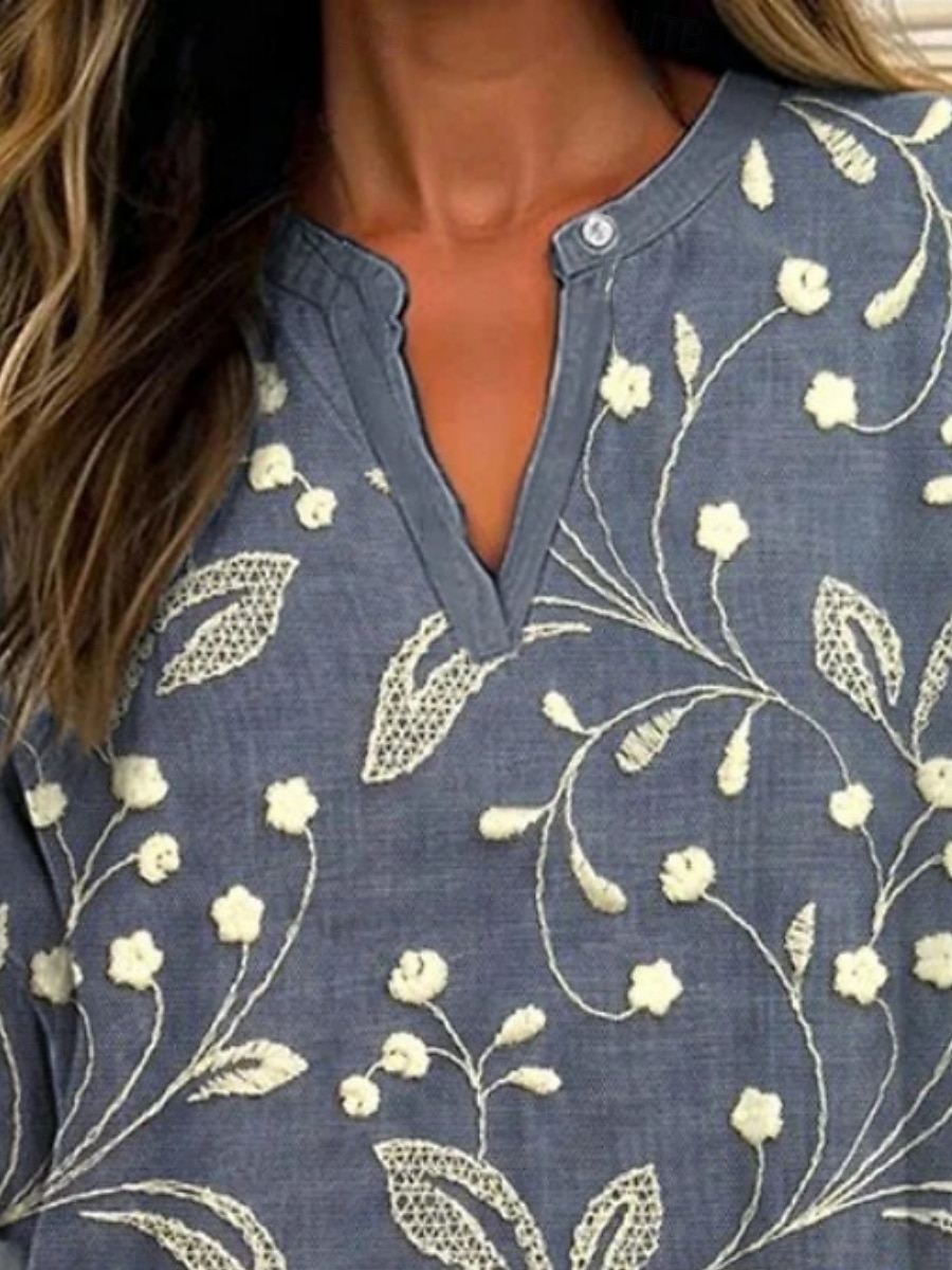 Damen Hemd Blumen Täglich Lässig Langarm V Ausschnitt Normale Oberteile Täglich Ferien Knöpfe Druck Grau Frühling Herbst 2025 - $16.99 –P3
