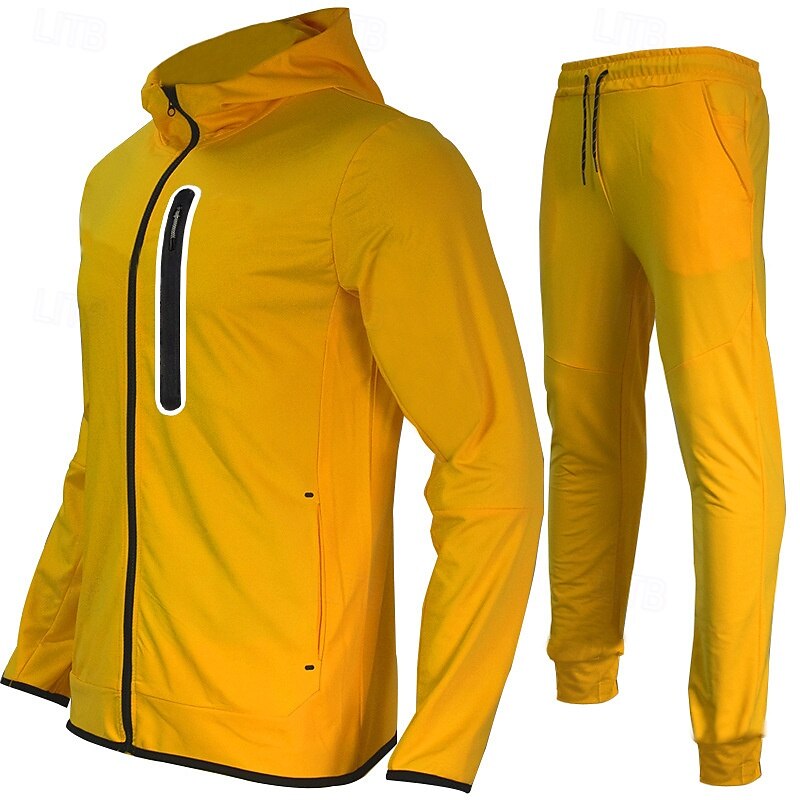 Herren Trainingsanzug Outfit-Set Kapuzenpullover Set Kapuzenpullover Outdoor Täglich Sport Reißverschluss Tasche Kordelzug Farbblock Schwarz Gelb Rote Polyester Sportkleidung Mode Streetwear Frühling 2025 - $56.99 –P4
