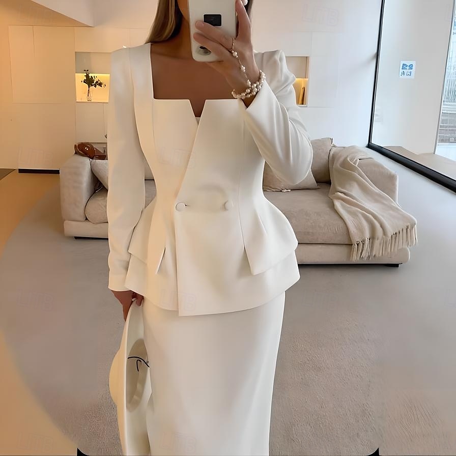 Haut de costume pour femme, haut péplum en crêpe extensible, élégant, simple, col carré, manches longues, avec boutons, couleur unie, 2025 de 2025 ? $75.99 –P4
