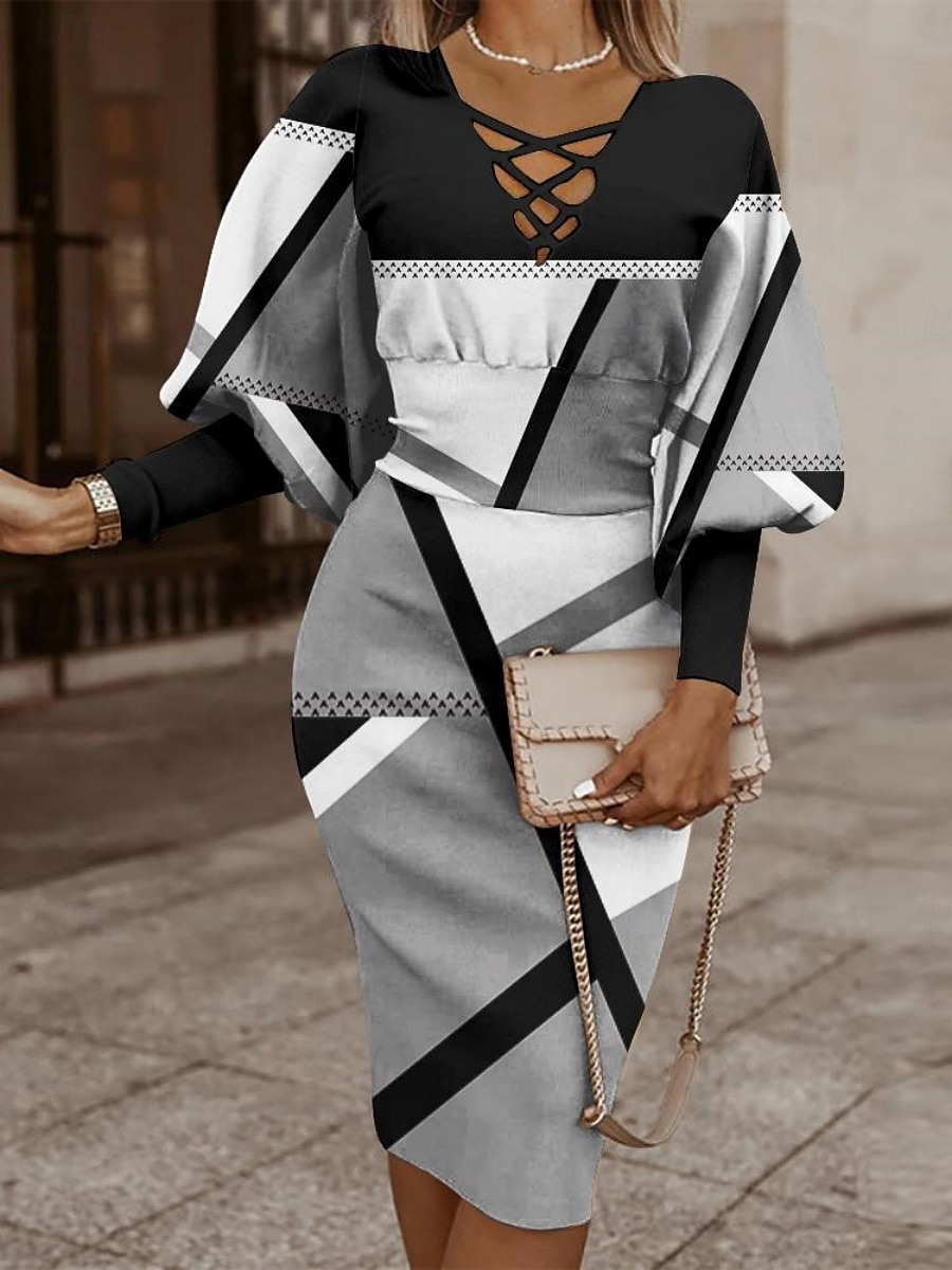 Per donna Abito Midi Abito aderente Abiti semi formali Ufficio Vestibilità regolare Geometrico Manica Lunga Scollo a V Nero Bianco Rosso Oro Primavera Autunno Inverno del 2025 a $31.99 –P3