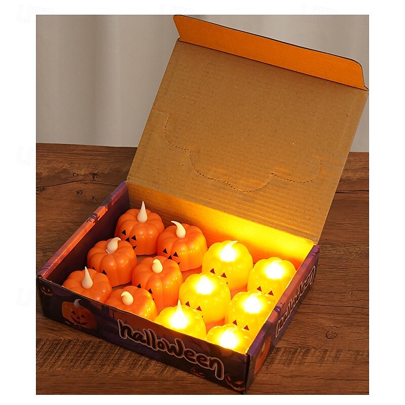 12 candele elettroniche a forma di zucca di Halloween con faccia di ragno, per interni ed esterni, per decorazioni di feste, atmosfere luminose del 2025 a $15.99 –P8