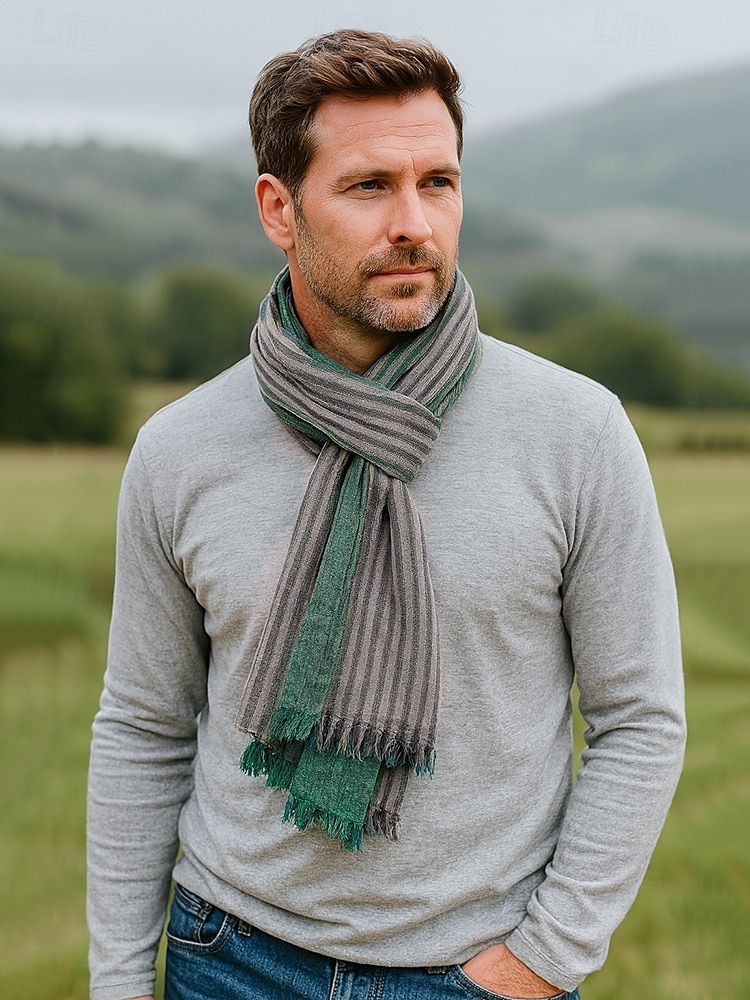 Men's Striped Cotton Scarf – Lightweight Soft Fringed Wrap for Fall & Winter, Casual Vintage Style Shawl for Travel, Daily Wear & Outdoor Activities 2025 - $14.99 –P2