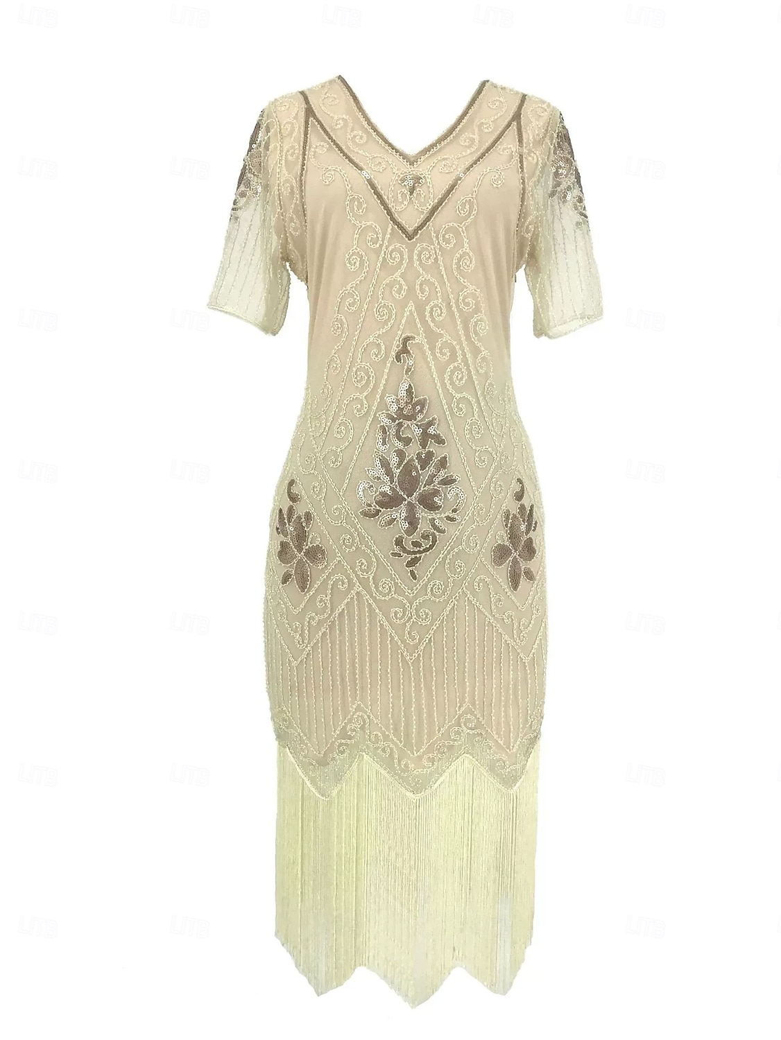 Anni Ruggenti Anni 1920 Lunghezza al ginocchio Vestito Abito Flapper Abito da Ballo Maniche corte Il grande Gatsby Charleston Invitato al matrimonio Paillettes Frangia con nappe Scollo a V Costume del 2026 a $34.99 –P16