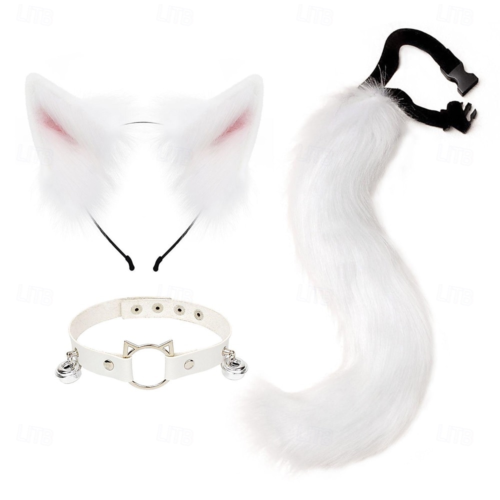 Bandă drăguță cu urechi de pisică, coadă și zgardă cu păr blănos – accesorii pentru cosplay cu animale, costum de fată-pisică pentru Halloween, petrecere și spectacol 2026 - $33.99 –P1