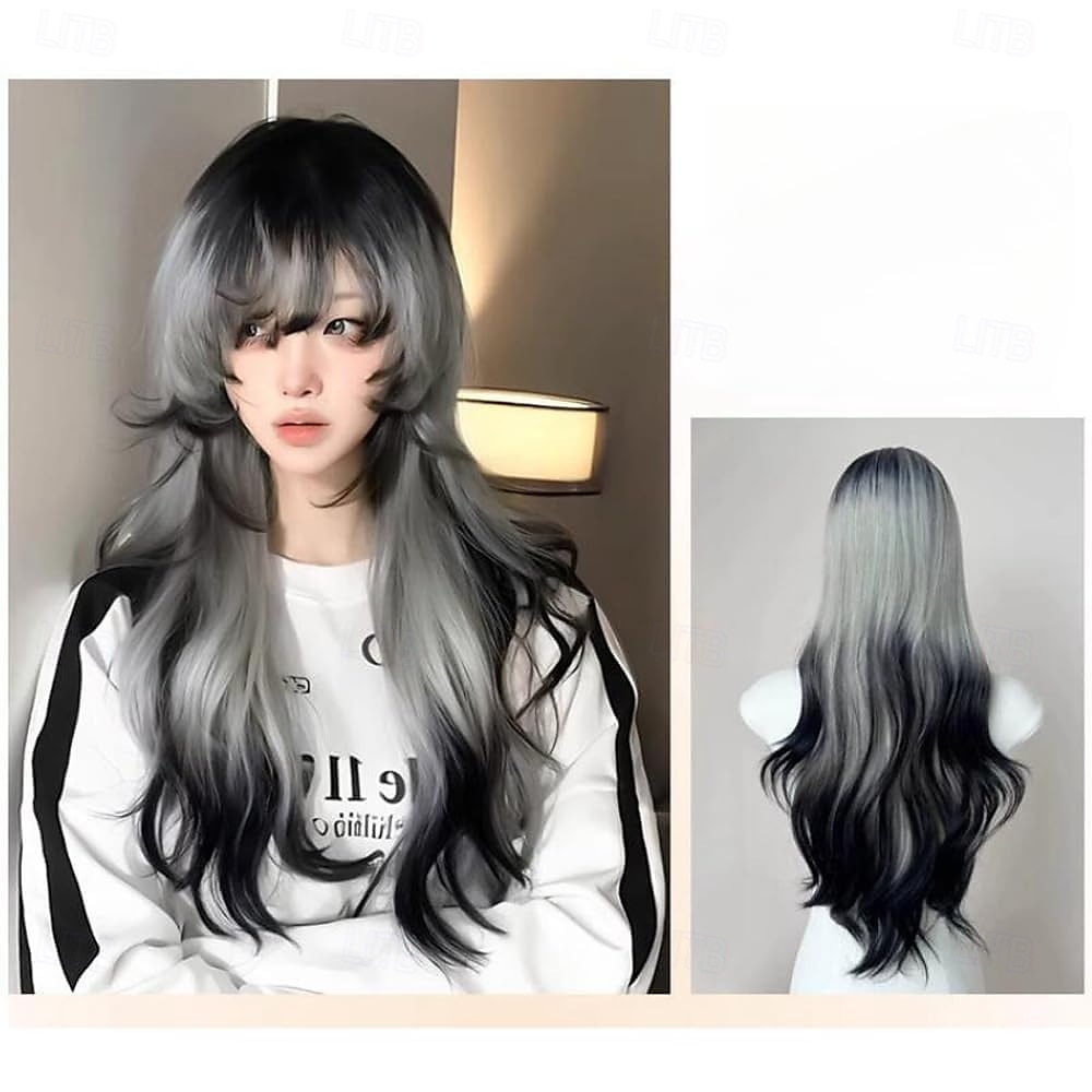 zwart-witte pruik met gradiënt, lange golvende pruik voor vrouwen, lolita, lange krullende pruiken met pony 2025 - $27.99 –P6