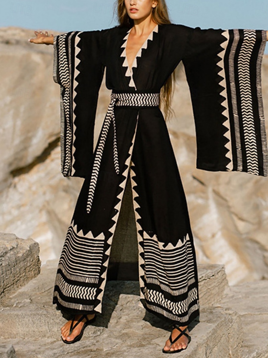 Langes Damenkleid Maxikleid Boho-Kleid Freizeitkleid Swing-Kleid Sommerkleid Vintage Urlaub Alltag Strand Regular Fit Geometrisch 3/4-Ärmel V-Ausschnitt Schwarz Sommer Frühling Herbst 2025 - $25.99 –P5
