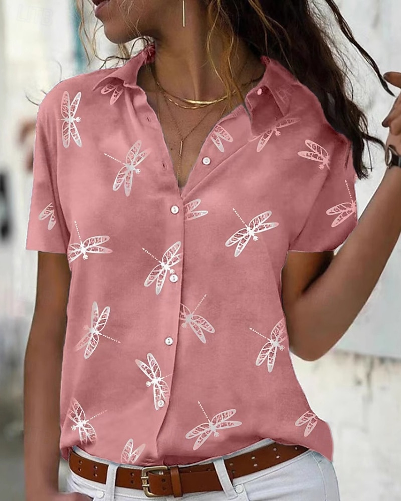 Pentru femei Cămașă Bluză Floare Modern Casual Manșon scurt Guler Cămașă Topuri obișnuite Zilnic Concediu Nasturi Imprimeu Roz Îmbujorat Albastru piscină Trifoi Gri Toamnă 2025 - $21.99 –P4