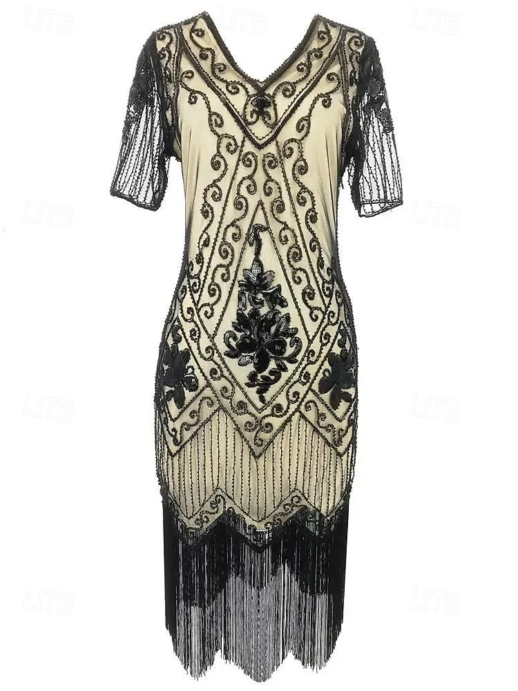 Anni Ruggenti Anni 1920 Lunghezza al ginocchio Vestito Abito Flapper Abito da Ballo Maniche corte Il grande Gatsby Charleston Invitato al matrimonio Paillettes Frangia con nappe Scollo a V Costume del 2026 a $34.99 –P14