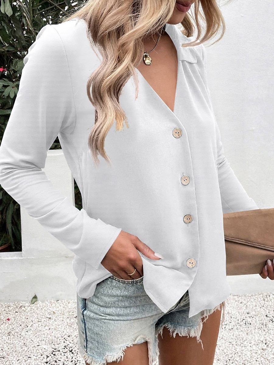 Camicia da donna con bottoni blusa unicolore elegante casual a maniche lunghe scollata a V colletto regolare eleganti quotidiani stampa nera bianca blu fucsia estate primavera del 2025 a $21.99 –P12