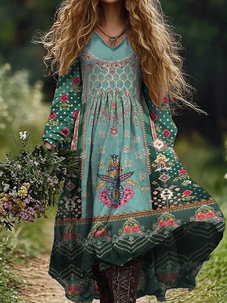 Per donna Abito maxi Abito a trapezio Vacanza Casual Boho Uscire Spiaggia Vestibilità comoda Floreale Grafico Paisley Manica Lunga Scollo a V Verde scuro Nero Vino Rosso Estate Primavera Autunno del 2025 a $35.99 –P6
