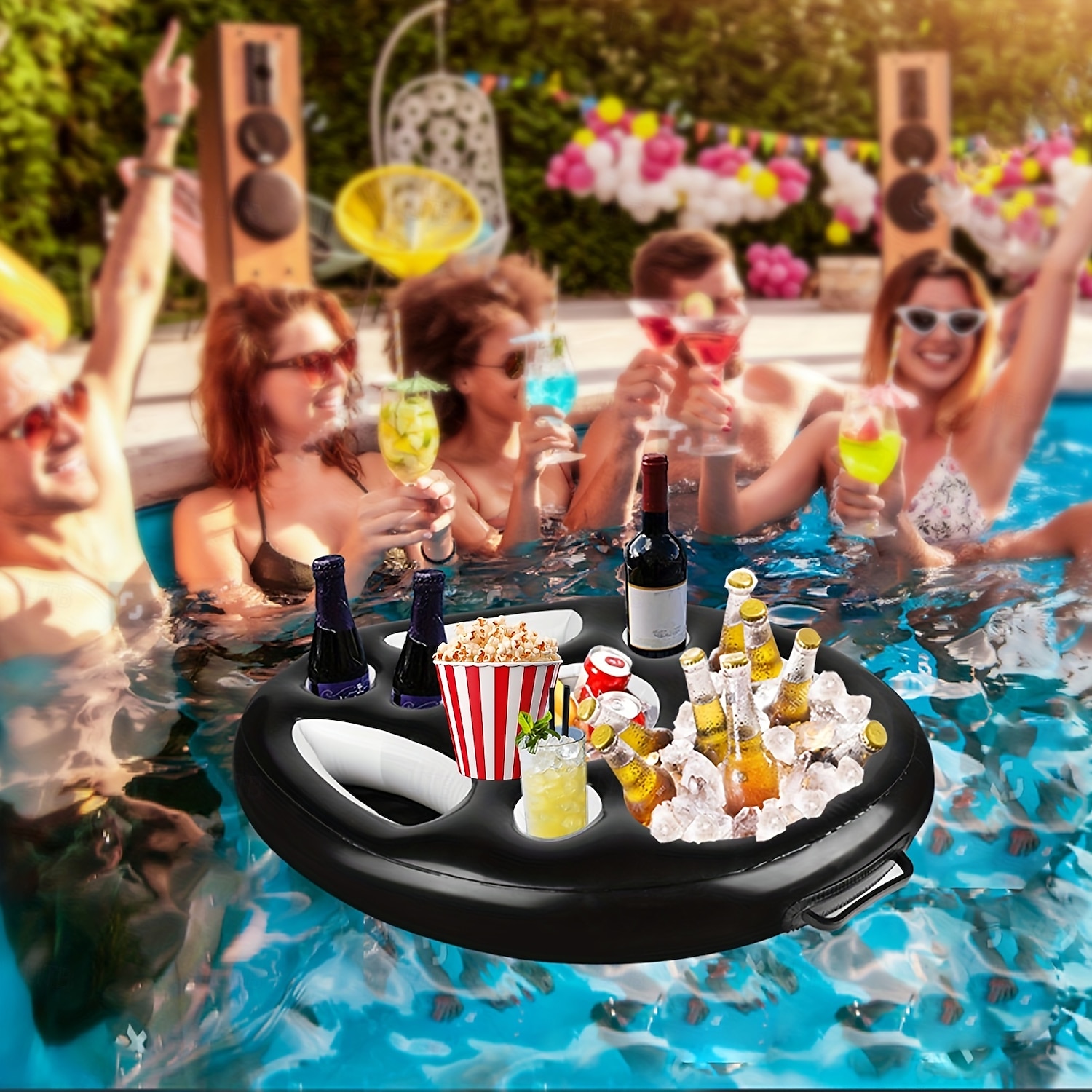 Inflatable PVC Floating Bar for Pool Parties - Multi-Hole Cup Holder & Snack Tray Durable Black Drink Station for Outdoor Swimming Events Inflatable Pool Float Summer Party Essentials 2025 - $33.99 –P1