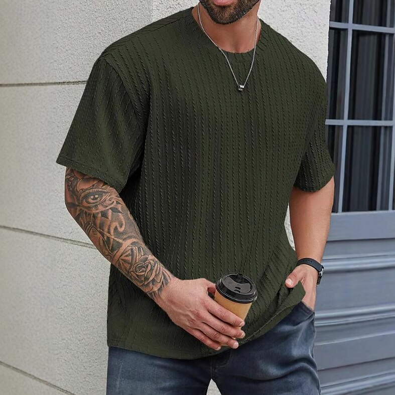Herren T Shirt T-Shirt Kurzarm Kurze Ärmel Rundhalsausschnitt Sommer Ganzjahres Einfarbig Jacquard Mode Designer Sportlich Basic Straße Lässig Ausgehen Schwarz Weiß Kaki Top T-Shirt für Herren 2025 - $19.99 –P8